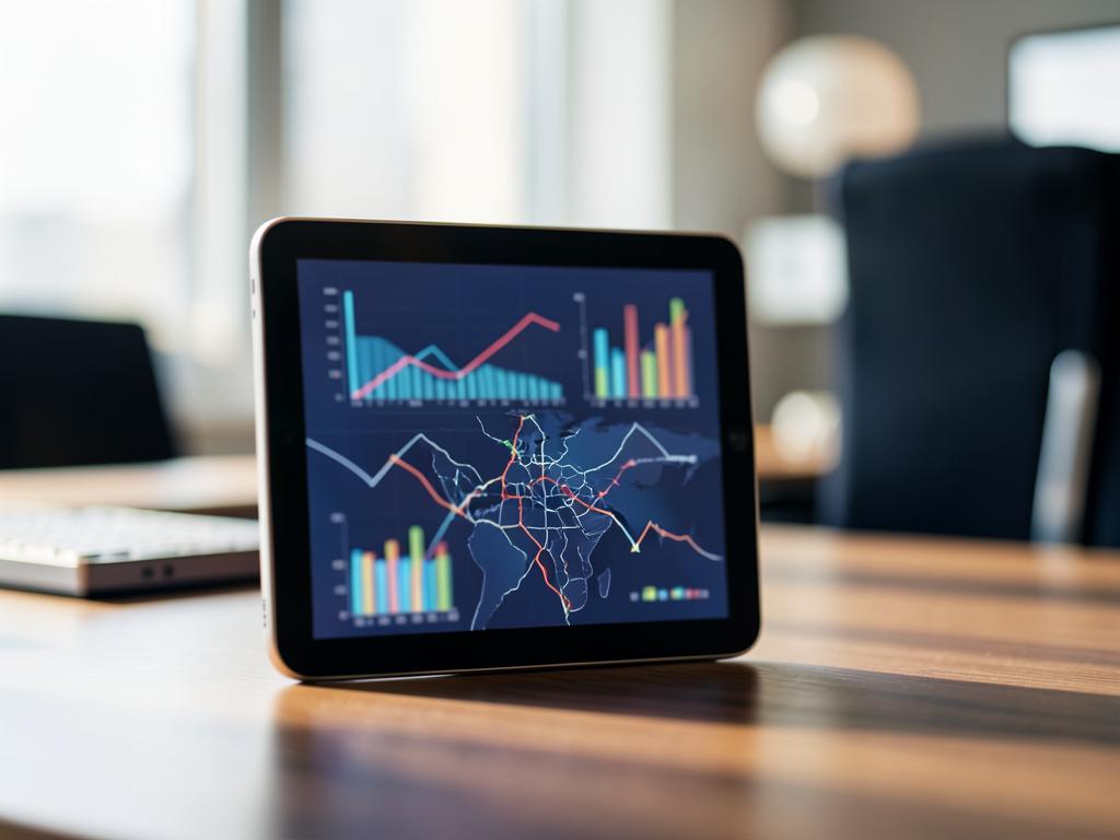 Tablet com gráficos e rotas aéreas sobre a mesa